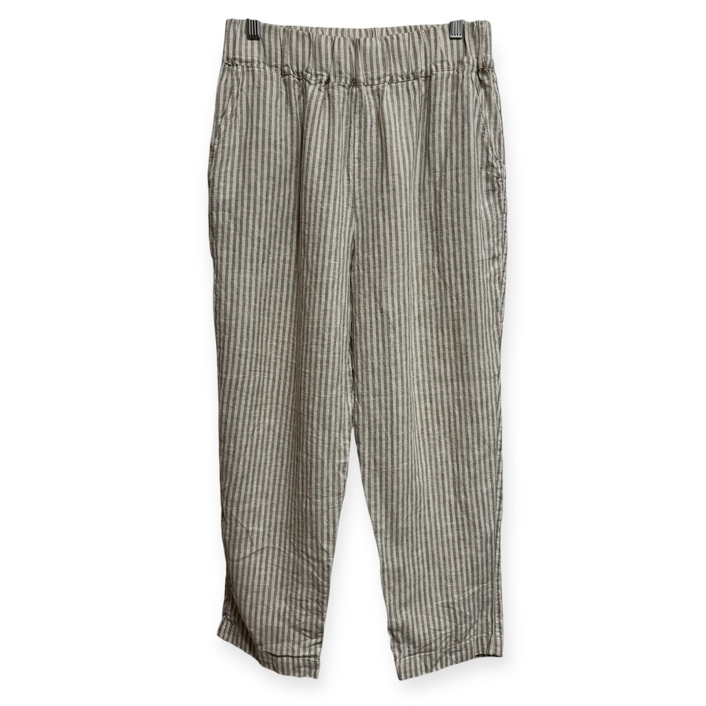 LO Len Ok 100% Linen Striped Straight Leg Pull‎ On Pants